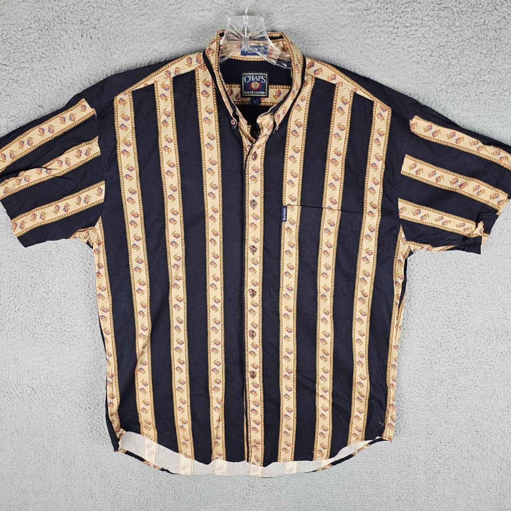 Chaps Ralph Lauren Button Down Shirt Mens L Crest Stripe Short Sleeve Vintage